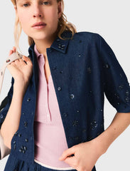 Maje Sale / Embroidered cropped denim shirt