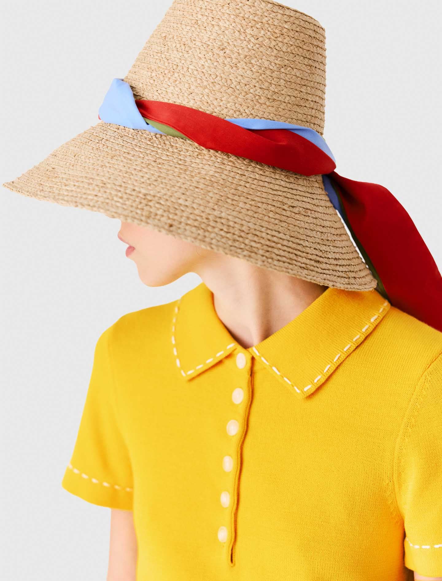 Maje Discount / Raffia hat with printed ribbon