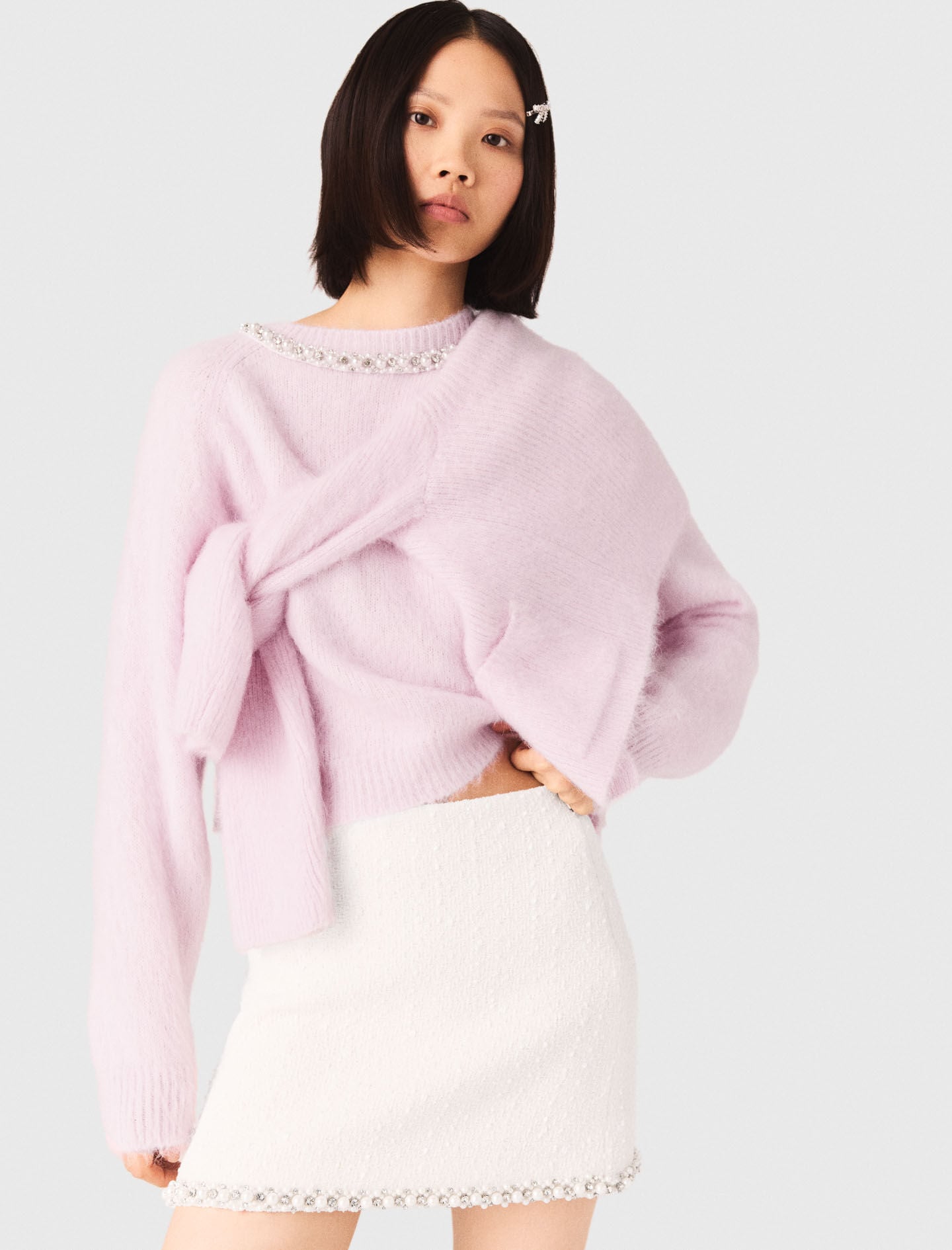Maje Sale / Tweed skirt with pearl trim