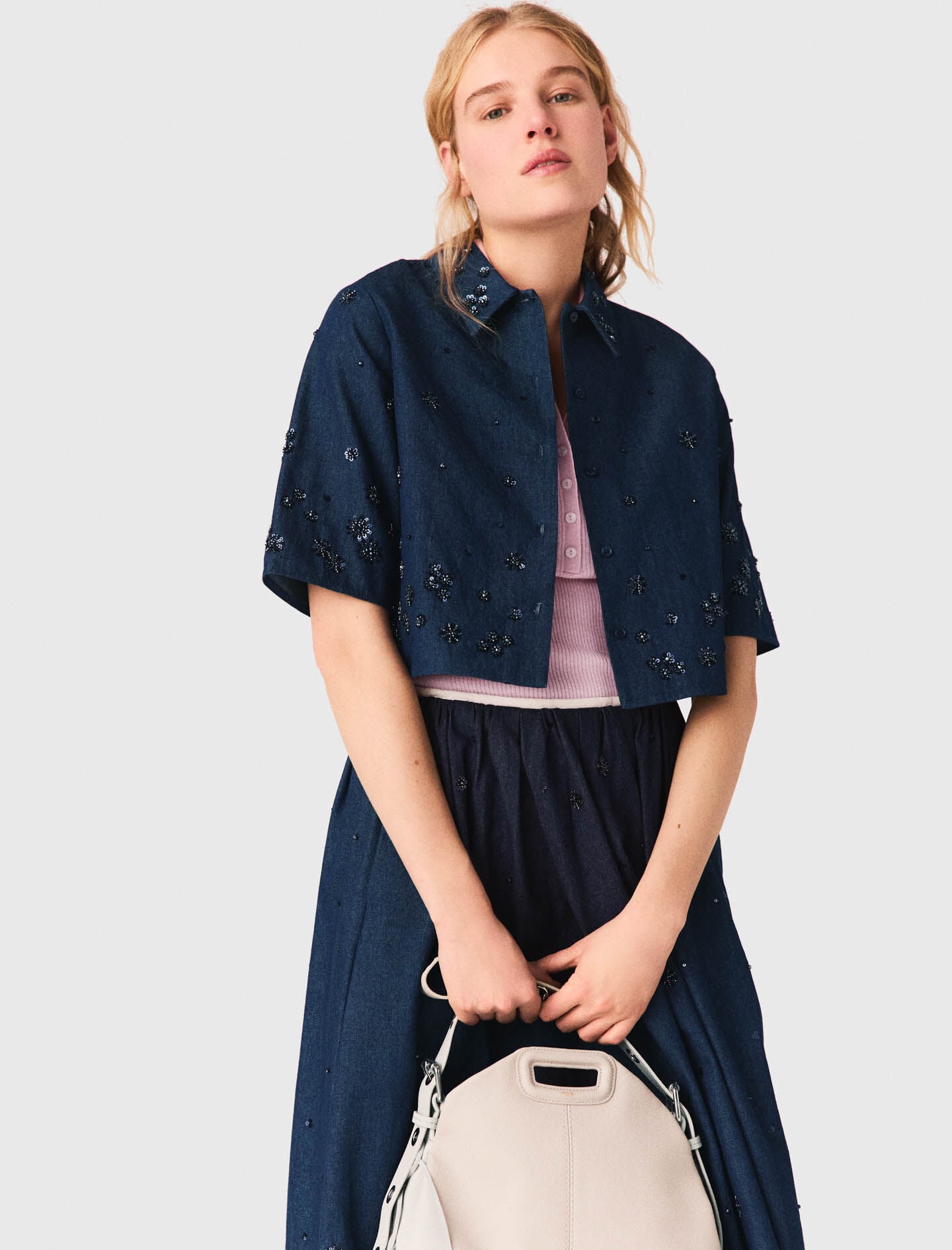 Maje Sale / Embroidered cropped denim shirt