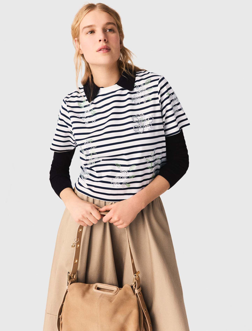 Maje On Sale / Striped rhinestone flower T-shirt