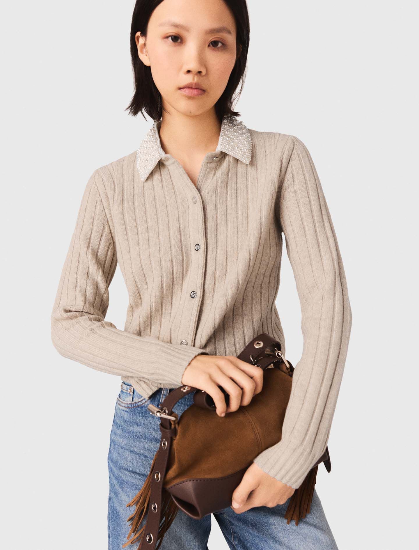 Maje Outlet / Cardigan with removable pearl collar