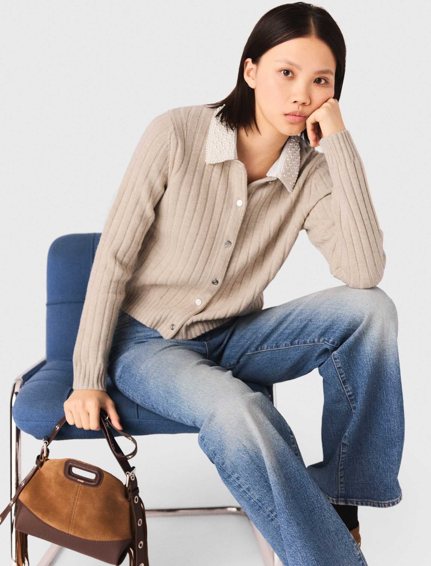 Maje Outlet / Cardigan with removable pearl collar