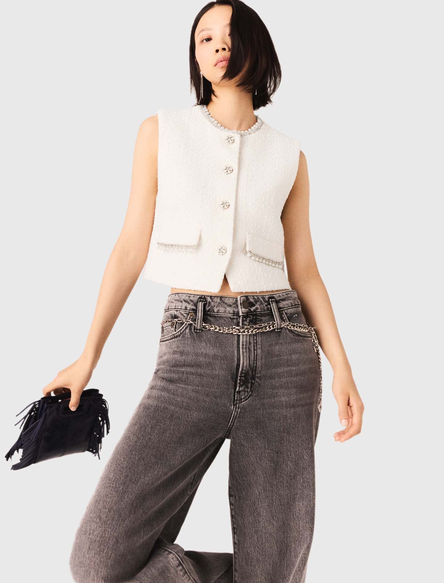 Maje New / Tweed vest with pearl trim