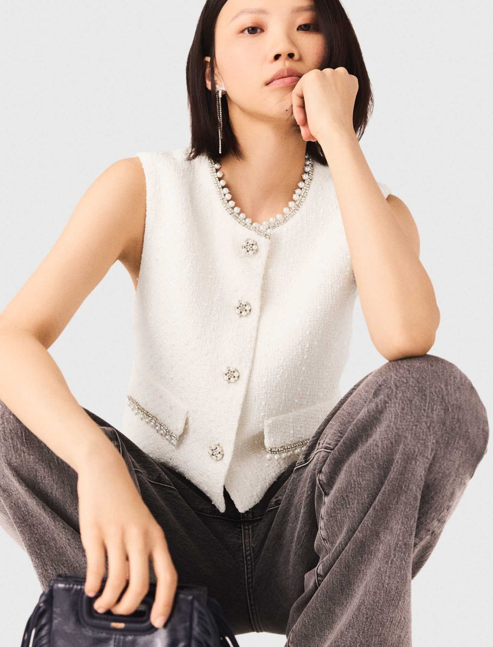 Maje New / Tweed vest with pearl trim