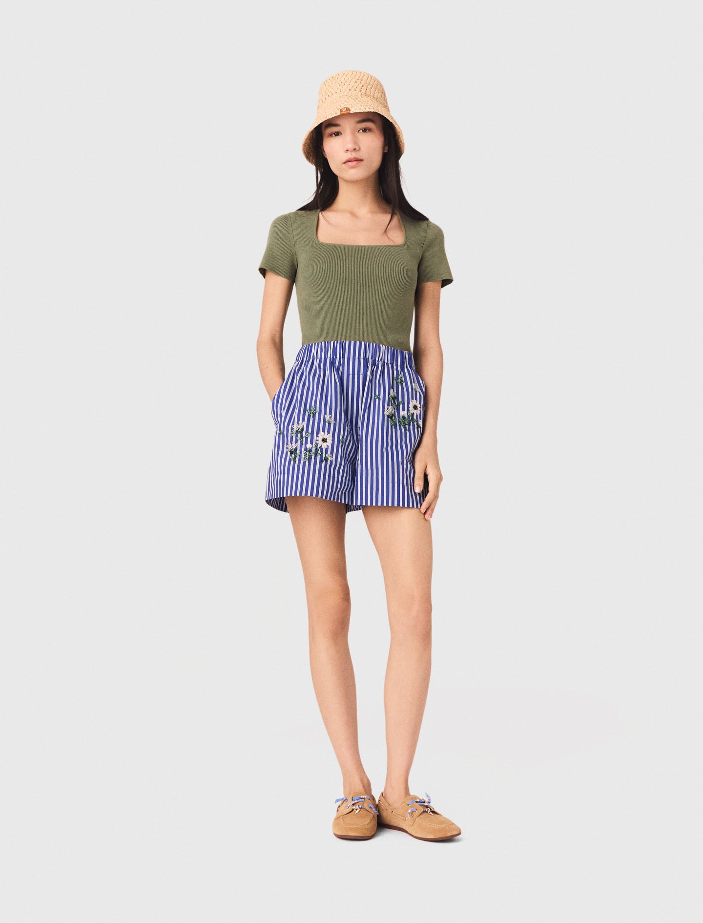 Maje On Sale / Embroidered striped cotton shorts