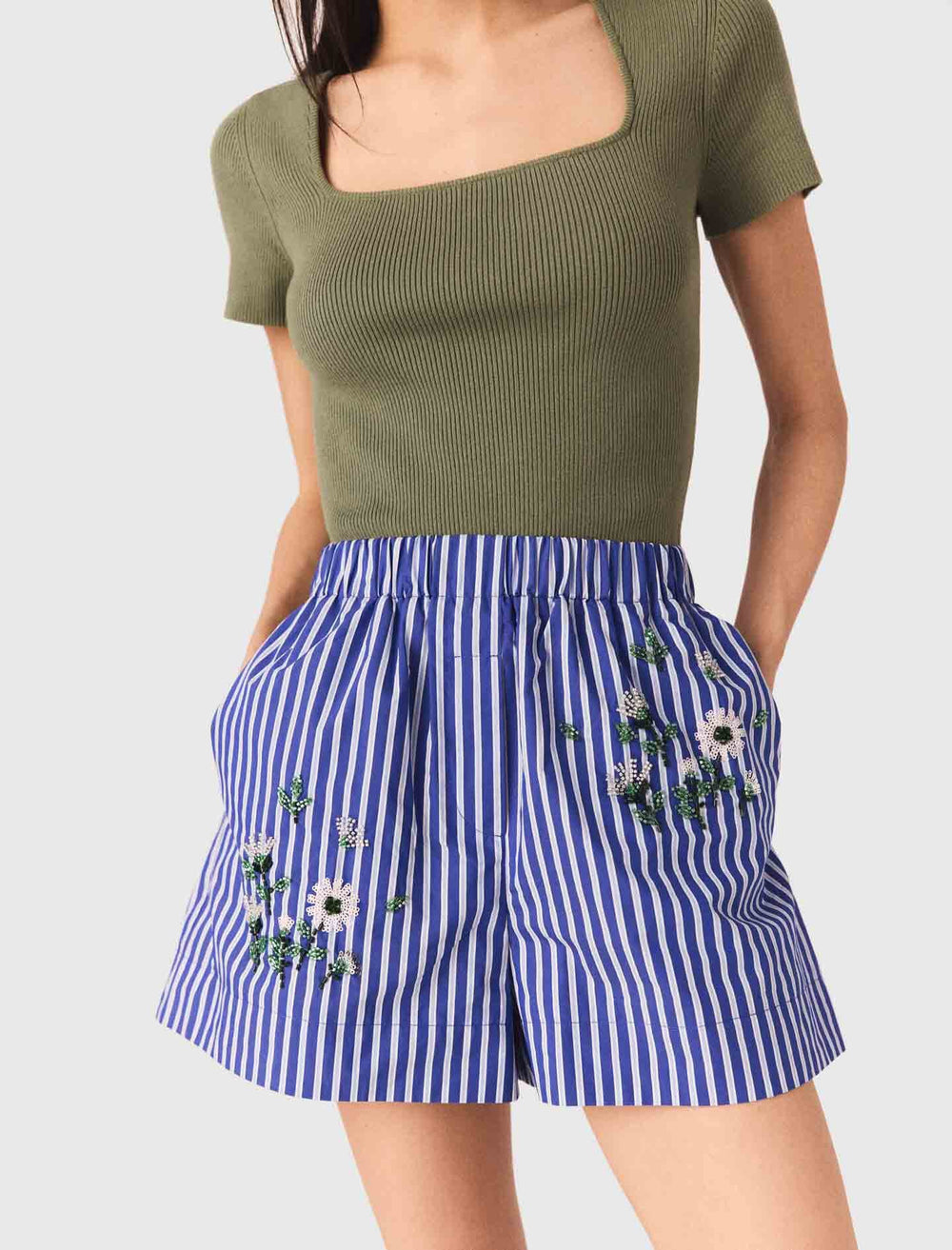 Maje On Sale / Embroidered striped cotton shorts