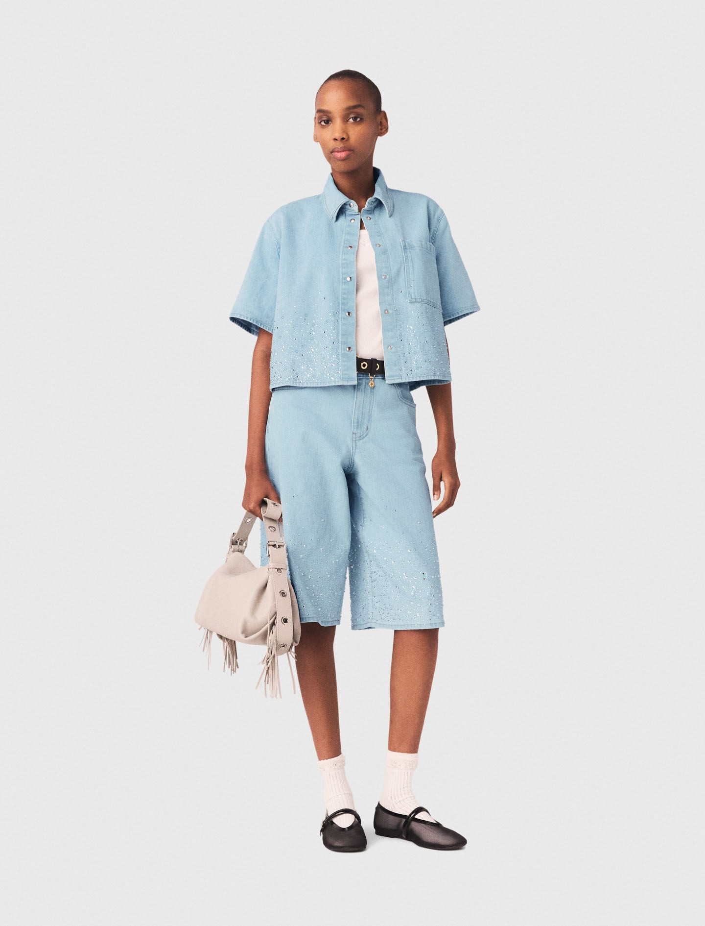 Maje On Sale / Cropped rhinestone denim shirt