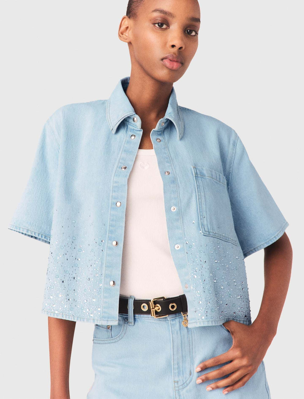 Maje On Sale / Cropped rhinestone denim shirt