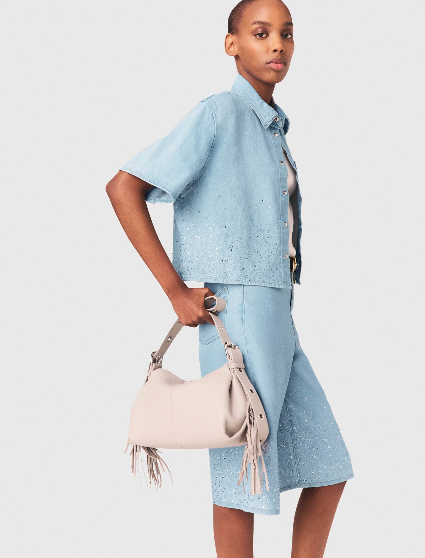 Maje On Sale / Cropped rhinestone denim shirt