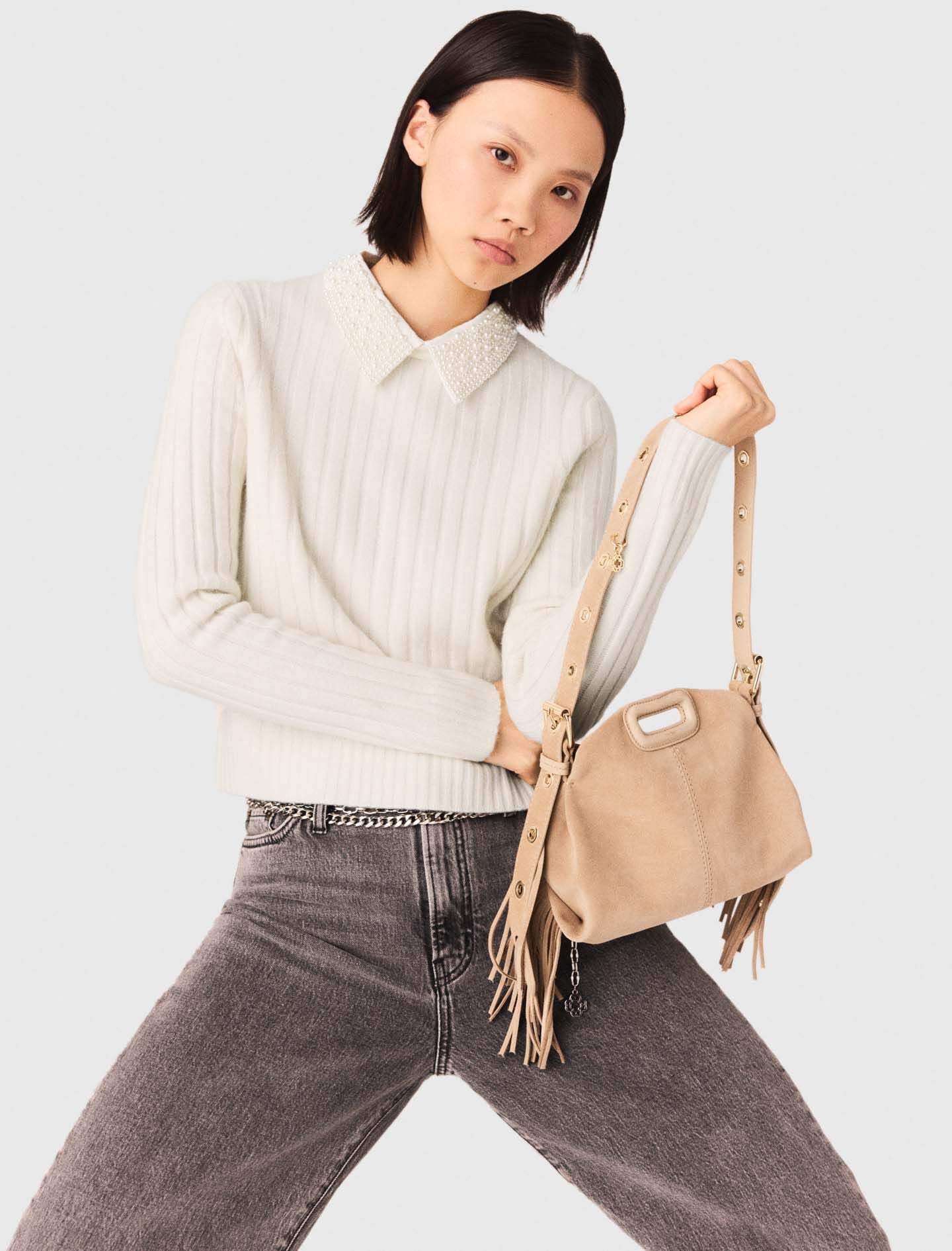 Maje Outlet / Pearl collar ribbed sweater