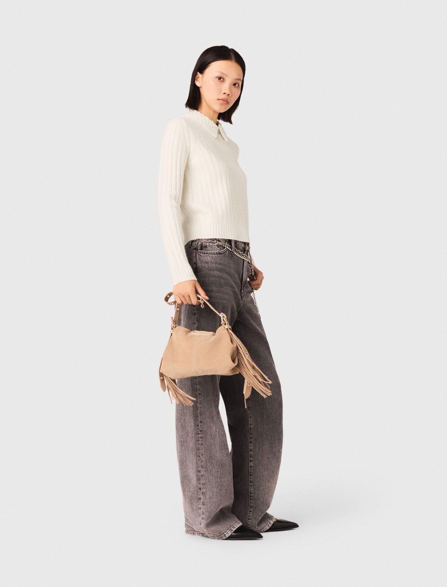 Maje Outlet / Pearl collar ribbed sweater