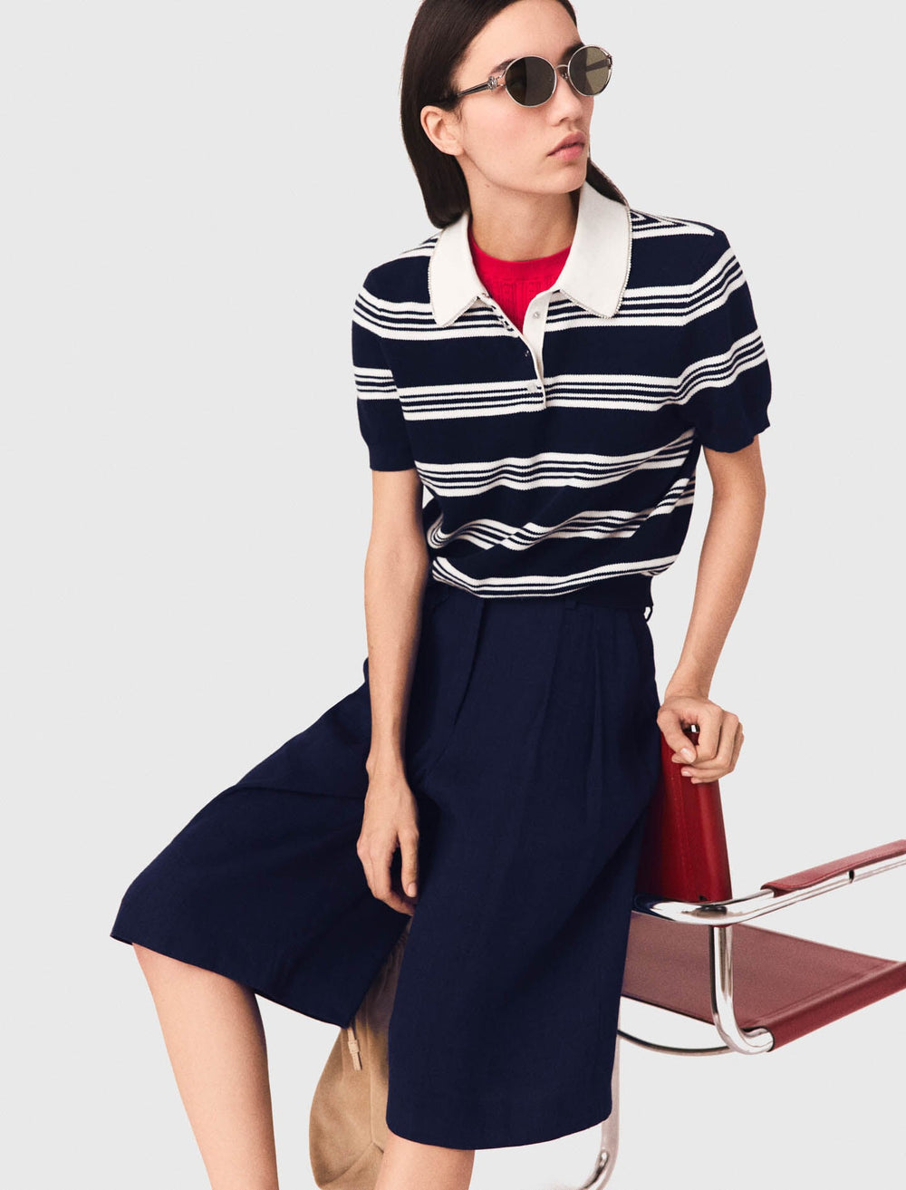 Maje Outlet / Striped polo with rhinestone collar