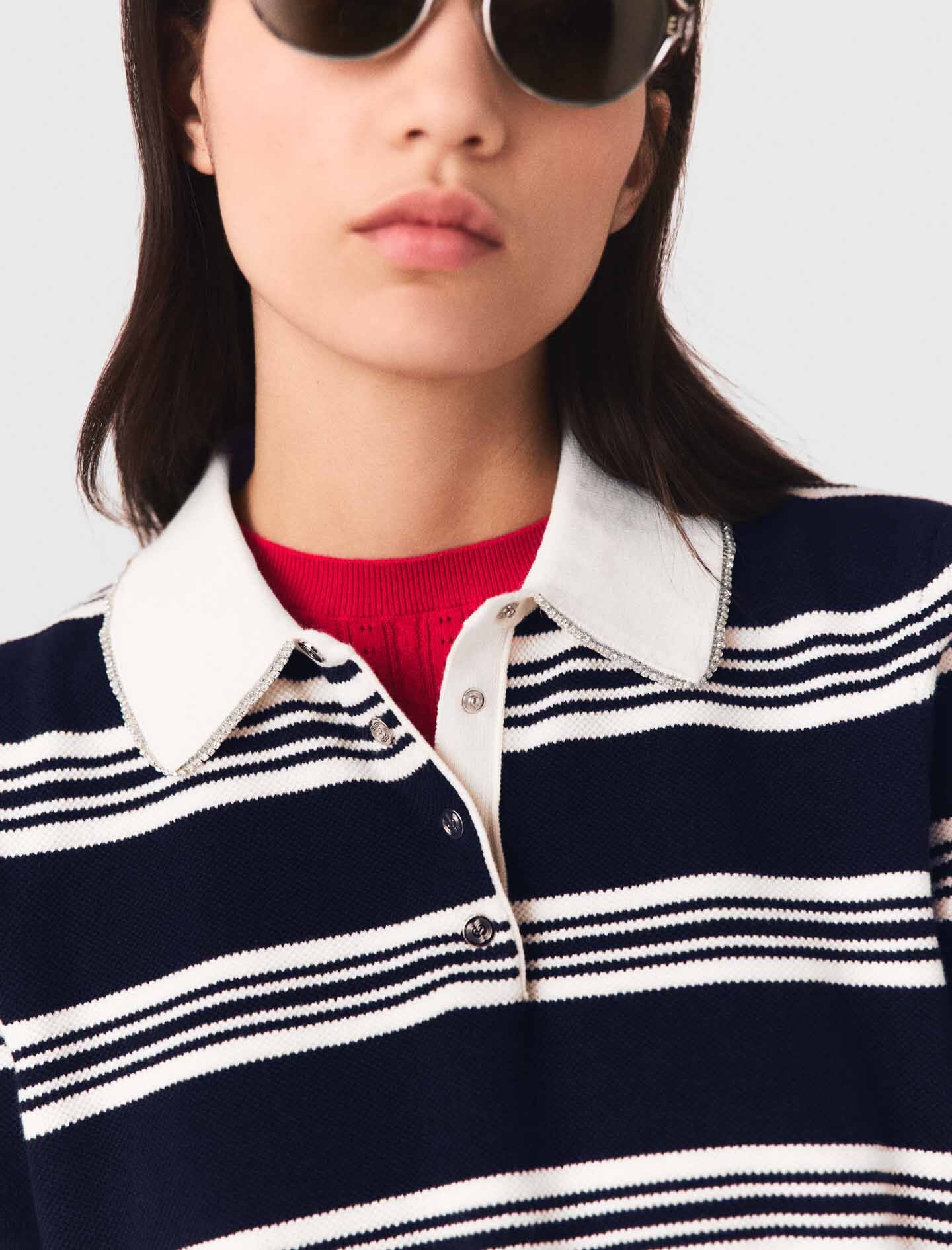 Maje Outlet / Striped polo with rhinestone collar