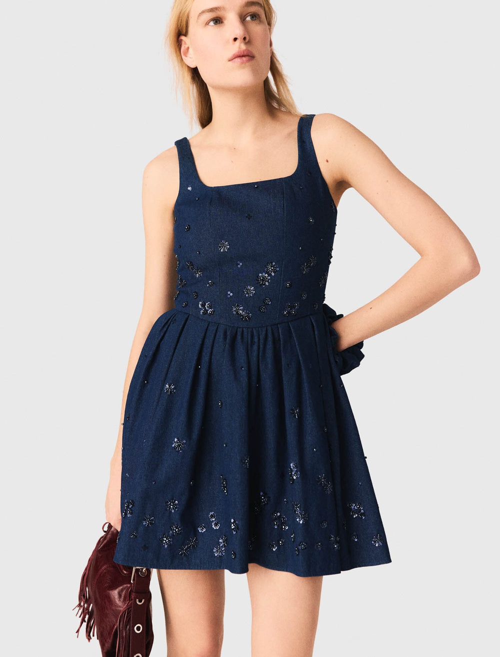 Maje Discount / Flared embroidered denim dress