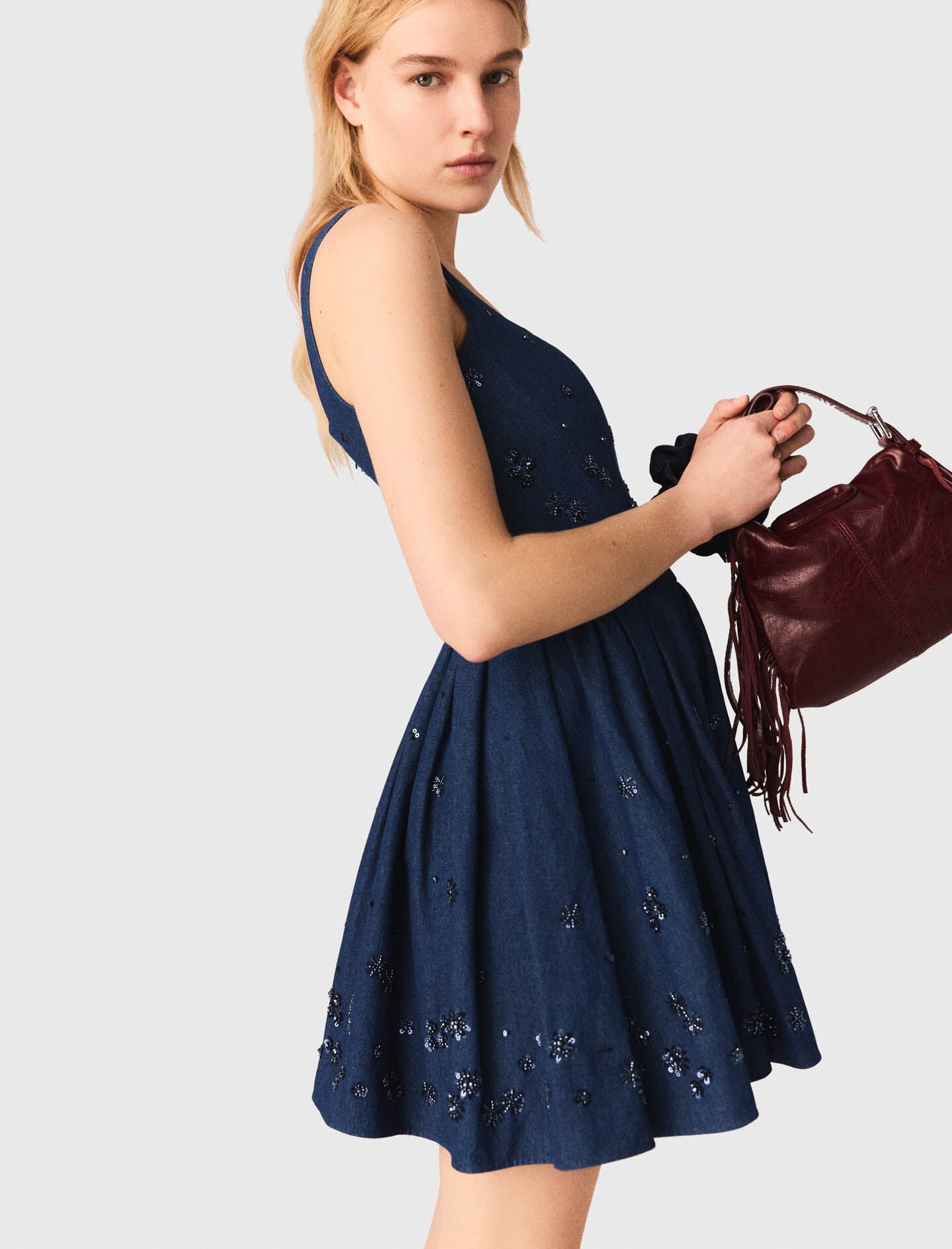 Maje Discount / Flared embroidered denim dress