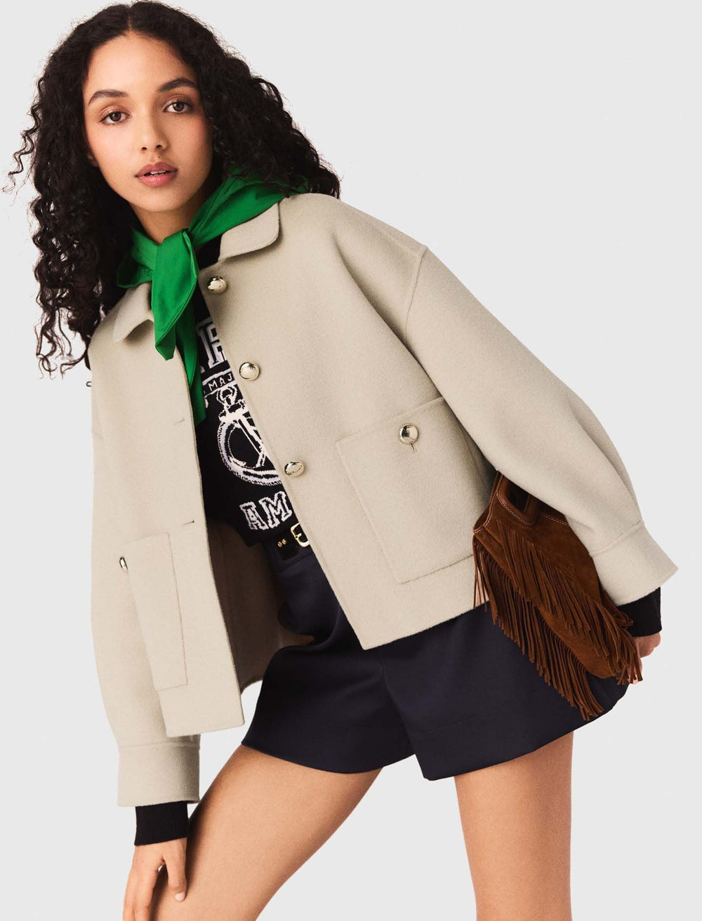 Maje Discount / Cropped wool jacket with pleated back