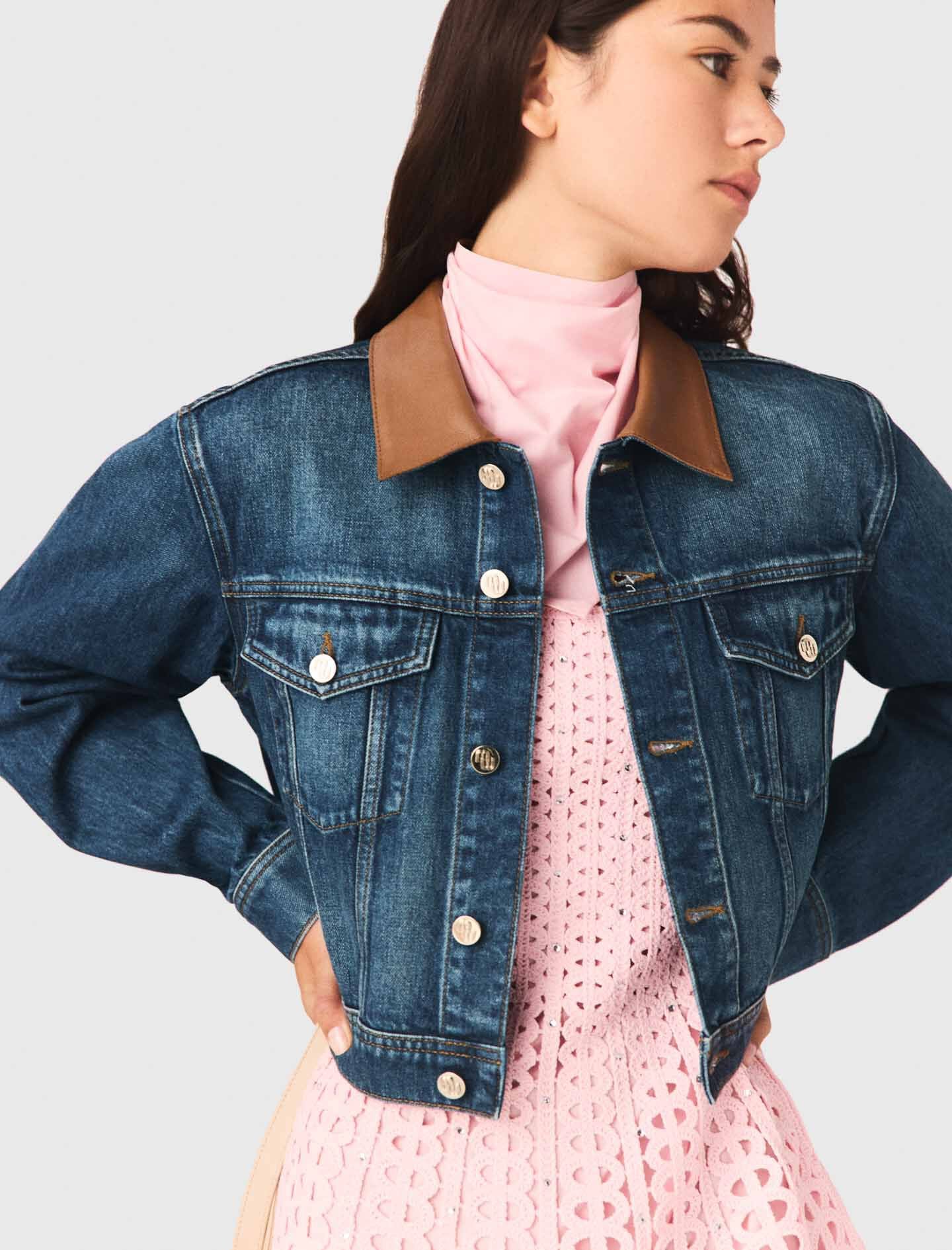 Maje Online / Denim jacket with leather collar