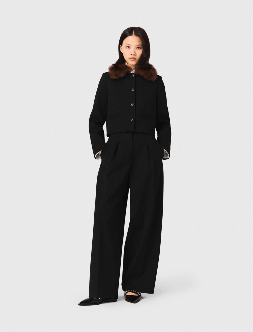 Maje Shop / Cropped jacket with removable fur collar