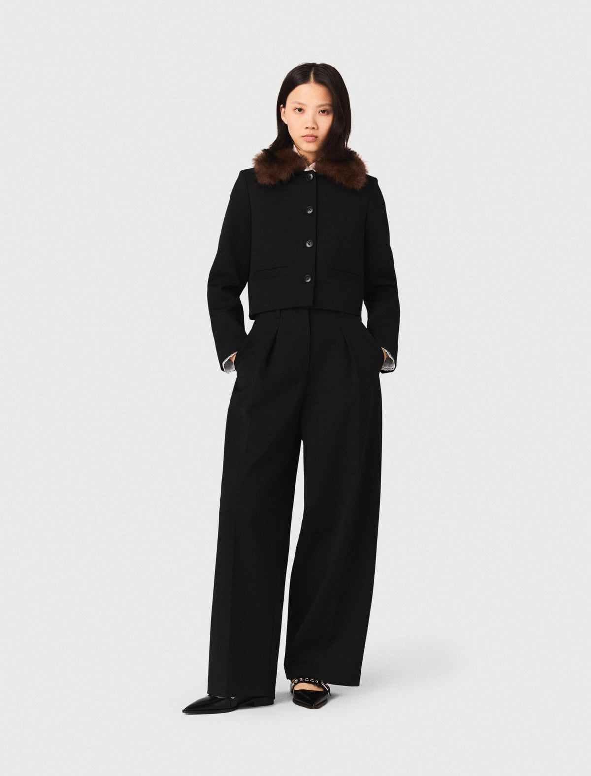 Maje Shop / Cropped jacket with removable fur collar