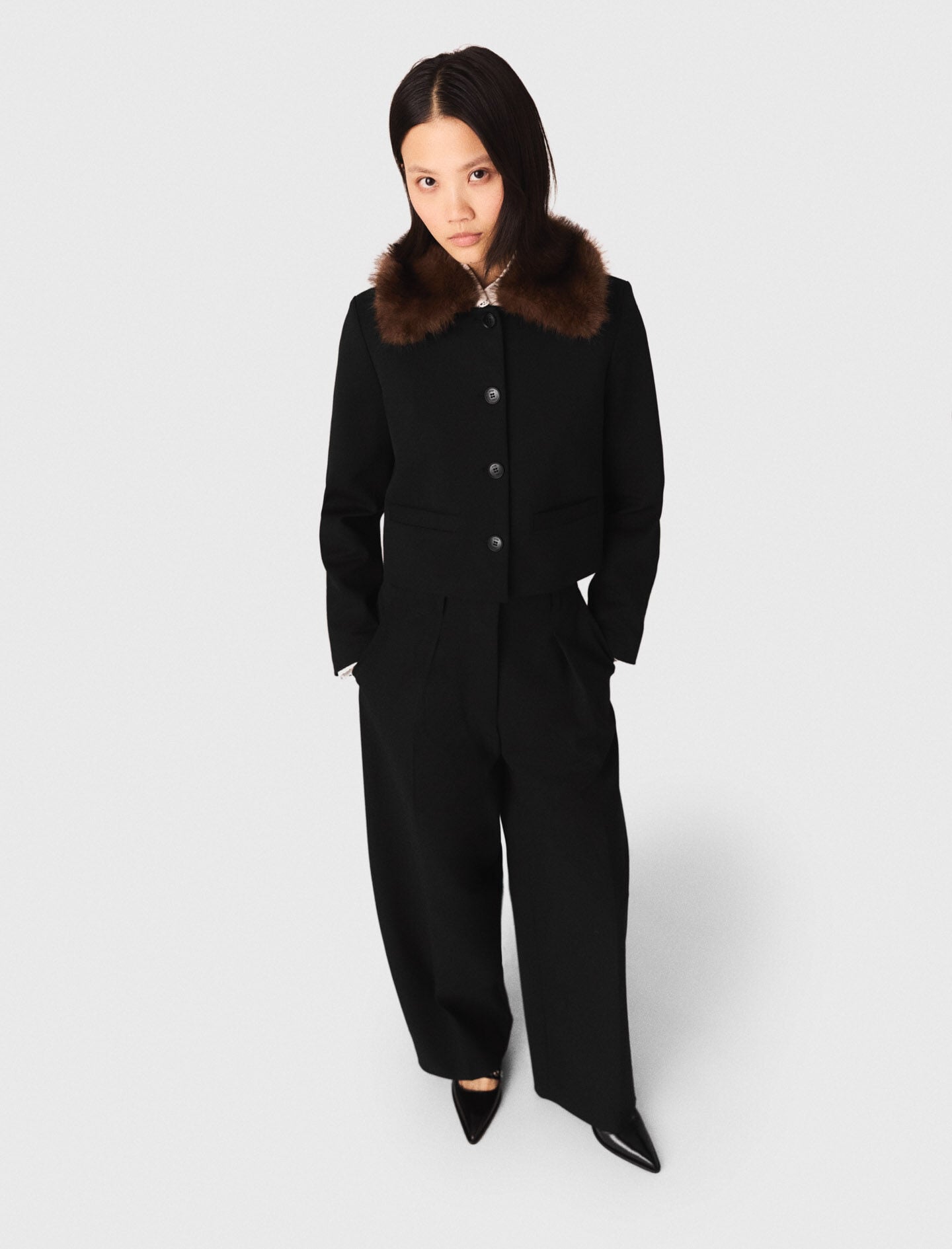 Maje Shop / Cropped jacket with removable fur collar