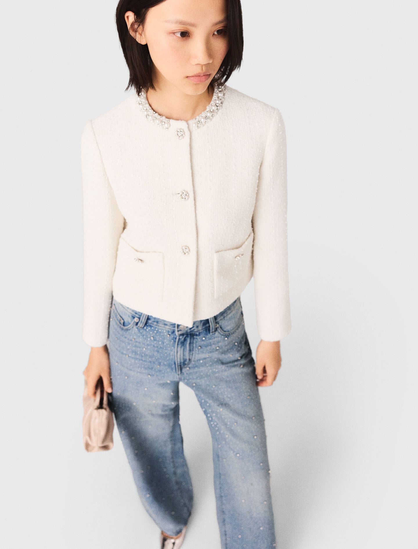 Maje New / Tweed jacket with pearl trim