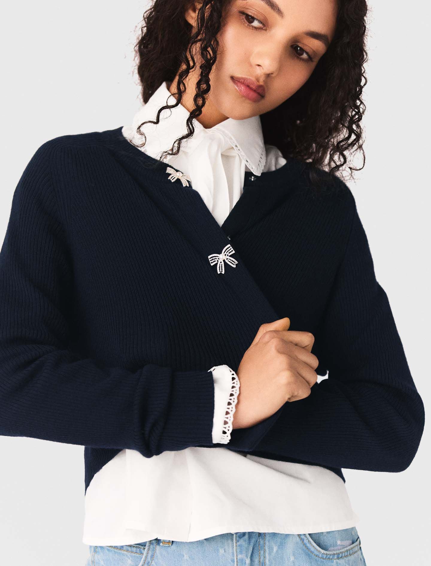 Maje New / Jewelled bow-button cardigan