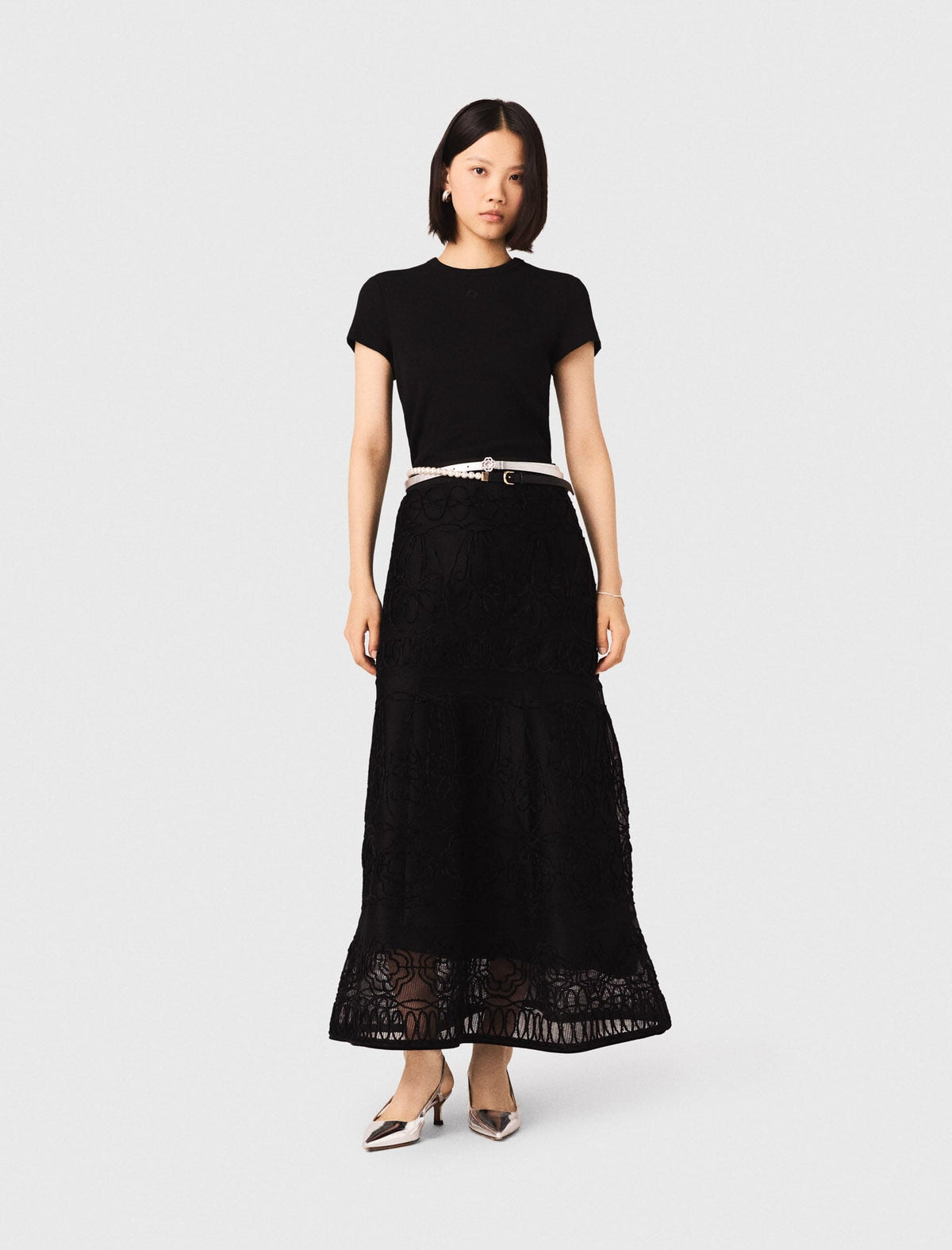 Maje Discount / Embroidered basket-weave knit skirt
