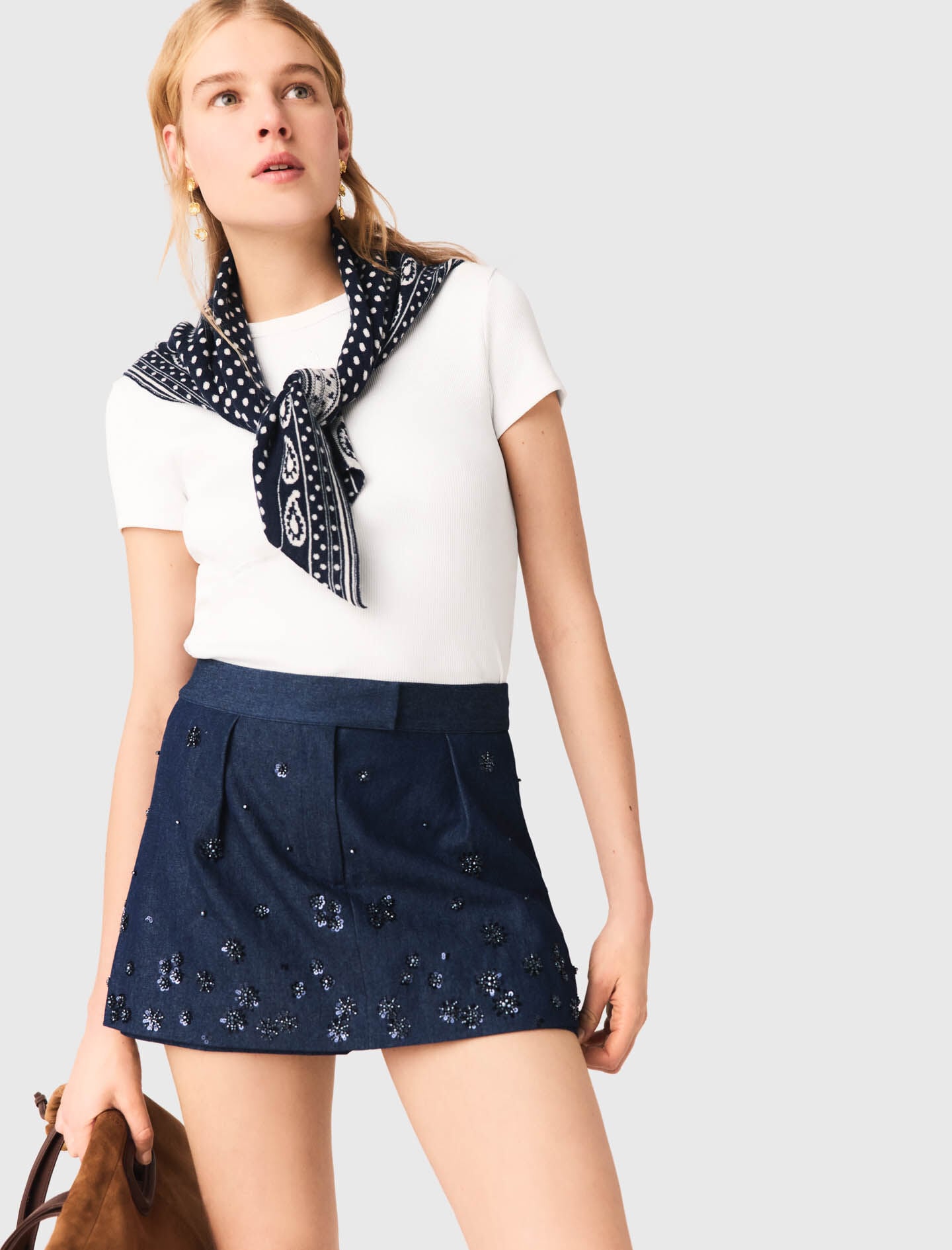 Maje Discount / Layered effect embroidered denim skort