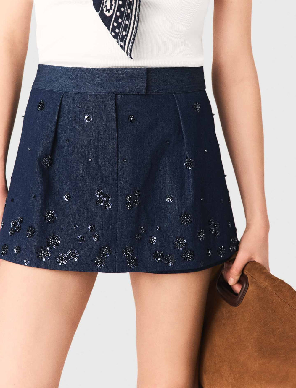 Maje Discount / Layered effect embroidered denim skort