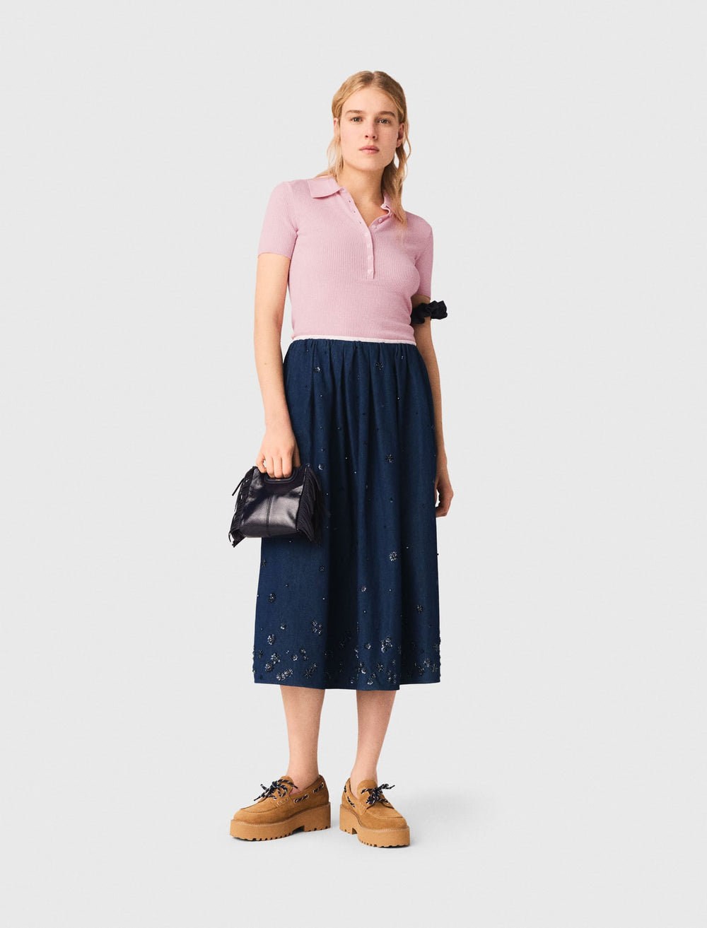 Maje Online / Embroidered denim midi skirt