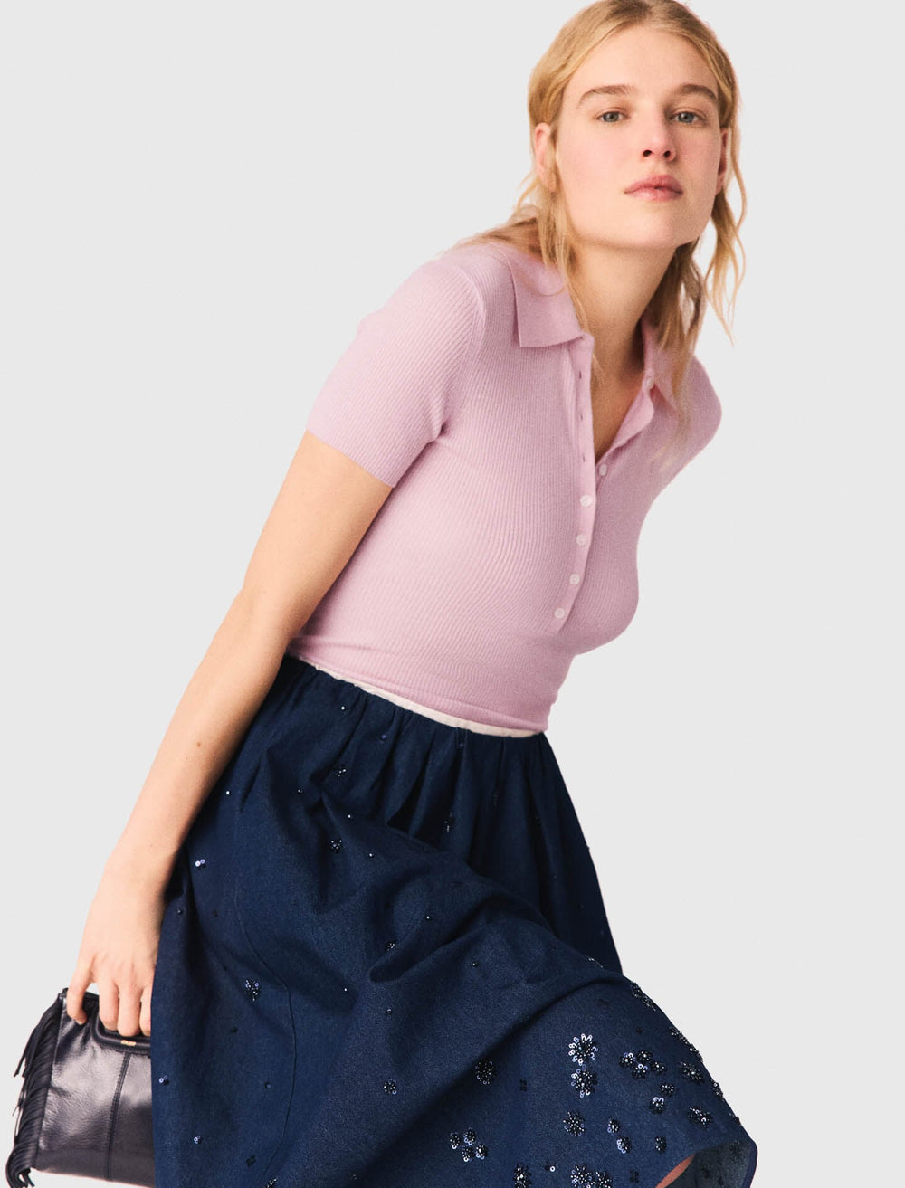 Maje Online / Embroidered denim midi skirt