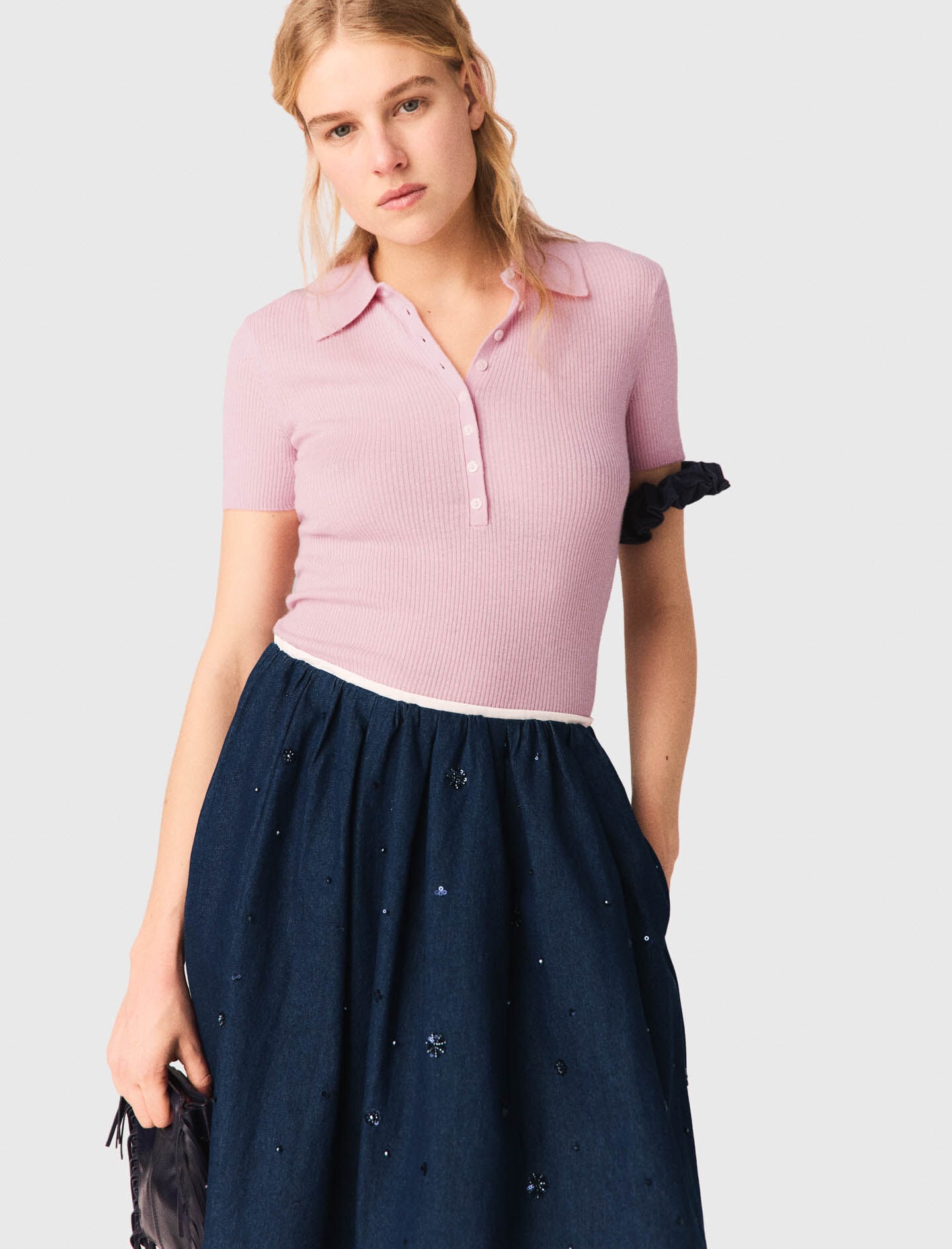Maje Online / Embroidered denim midi skirt