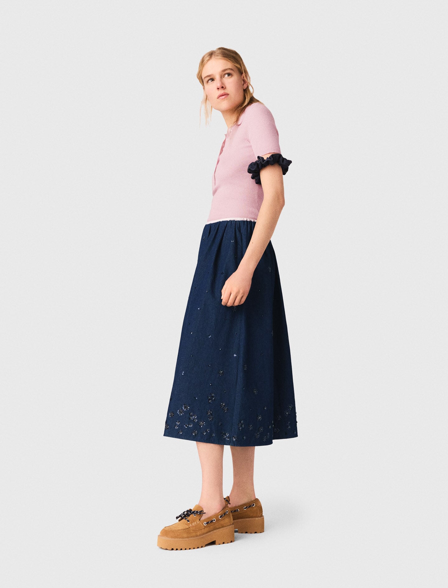 Maje Online / Embroidered denim midi skirt