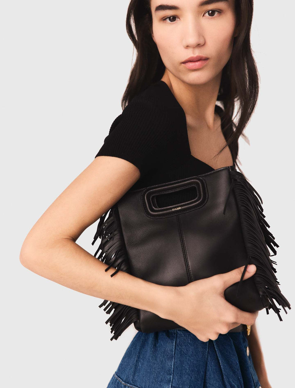 Maje On Sale / Smooth leather M bag with fringing